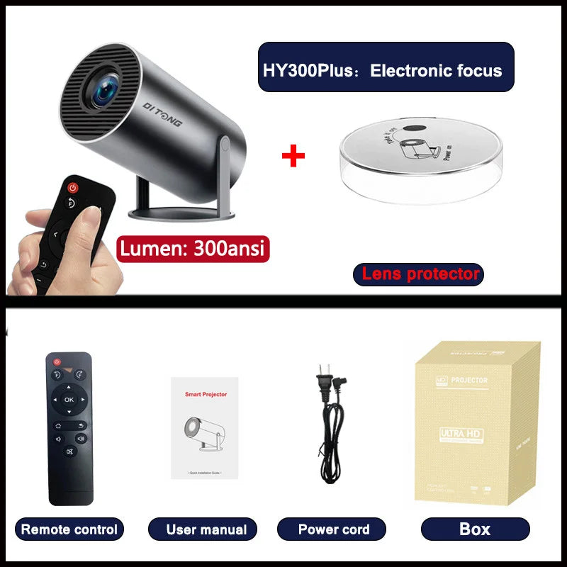 TOT HY300 Lite Projector – Android 4K Support, 300 ANSI HD WiFi Smart Cinema