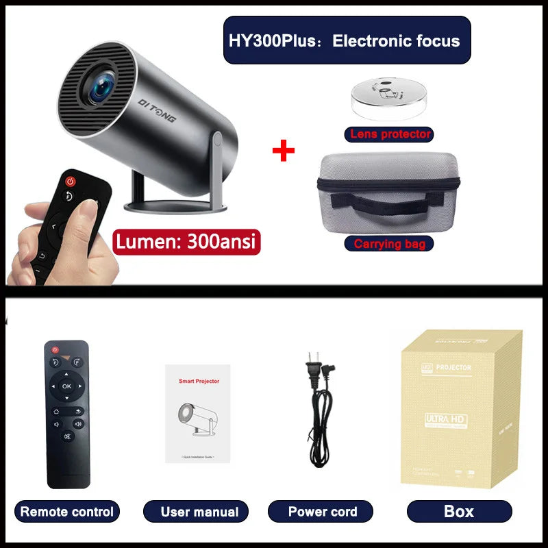 TOT HY300 Lite Projector – Android 4K Support, 300 ANSI HD WiFi Smart Cinema
