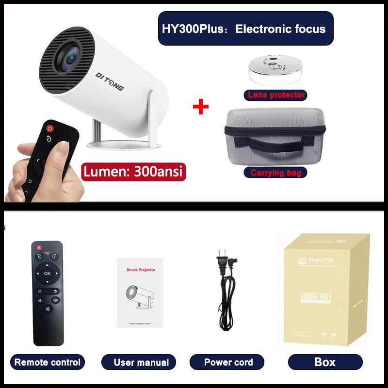TOT HY300 Lite Projector – Android 4K Support, 300 ANSI HD WiFi Smart Cinema