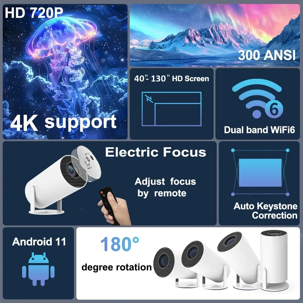 TOT HY300 Lite Projector – Android 4K Support, 300 ANSI HD WiFi Smart Cinema