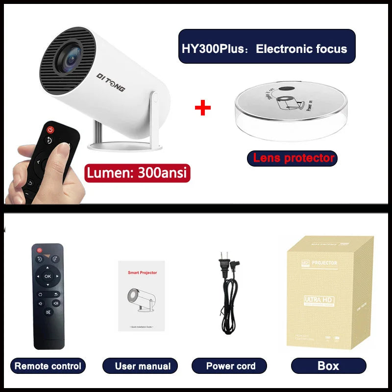 TOT HY300 Lite Projector – Android 4K Support, 300 ANSI HD WiFi Smart Cinema